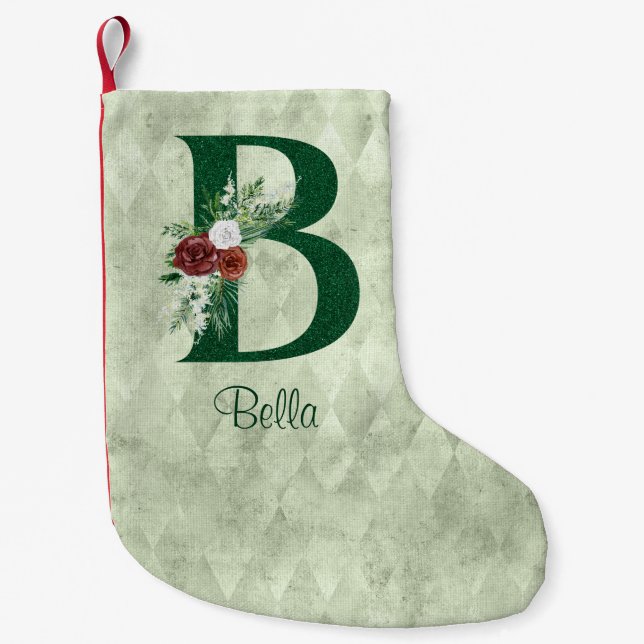 Winter Floral Illustrated Letter B Personalized Small Christmas Stocking (Front)