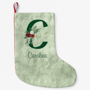 Winter Floral Illustrated Letter C Personalized Small Christmas Stocking