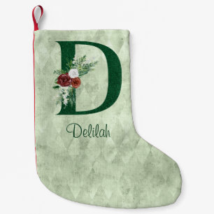 Winter Floral Illustrated Letter D Personalized  Small Christmas Stocking