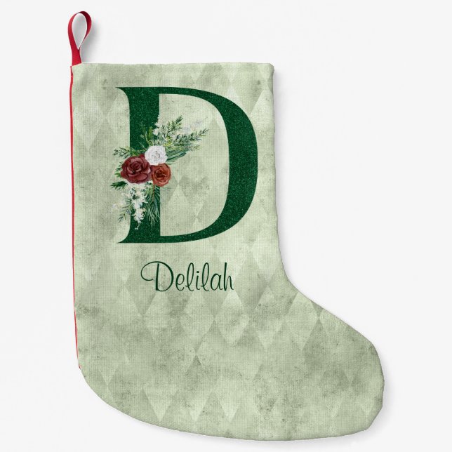 Winter Floral Illustrated Letter D Personalized  Small Christmas Stocking (Front)