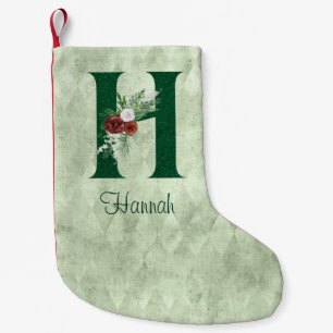 Winter Floral Illustrated Letter H Personalized Small Christmas Stocking