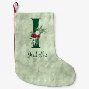 Winter Floral Illustrated Letter I Personalized  Small Christmas Stocking