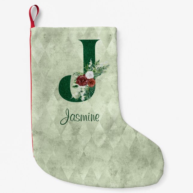 Winter Floral Illustrated Letter J Personalized  Small Christmas Stocking (Front)
