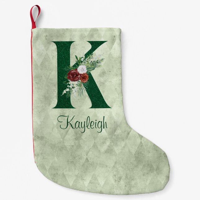 Winter Floral Illustrated Letter K Personalized  Small Christmas Stocking (Front)