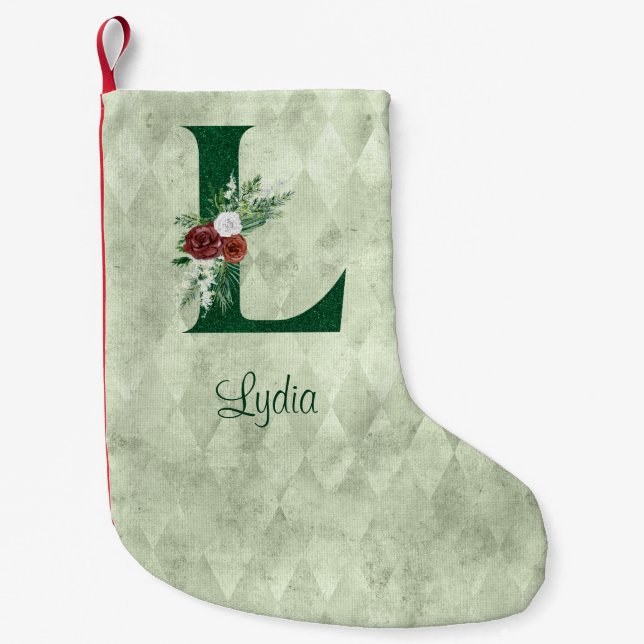 Winter Floral Illustrated Letter L Personalized  Small Christmas Stocking (Front)