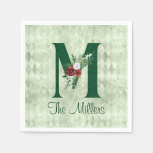 Winter Floral Illustrated Letter M Personalized  Napkin