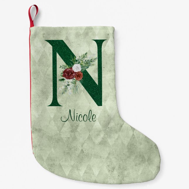 Winter Floral Illustrated Letter N Personalized  Small Christmas Stocking (Front)