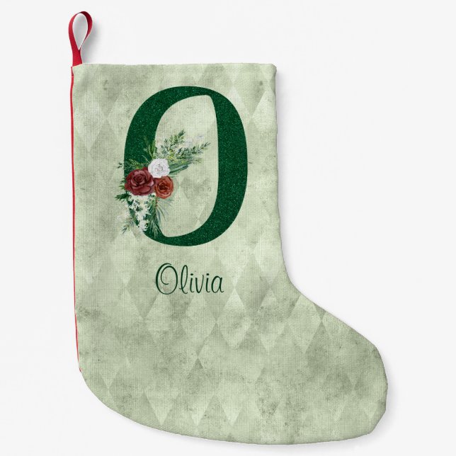 Winter Floral Illustrated Letter O Personalized  Small Christmas Stocking (Front)