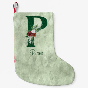 Winter Floral Illustrated Letter P Personalized Small Christmas Stocking