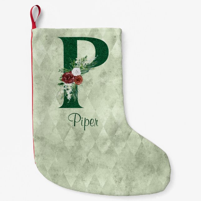 Winter Floral Illustrated Letter P Personalized  Small Christmas Stocking (Front)