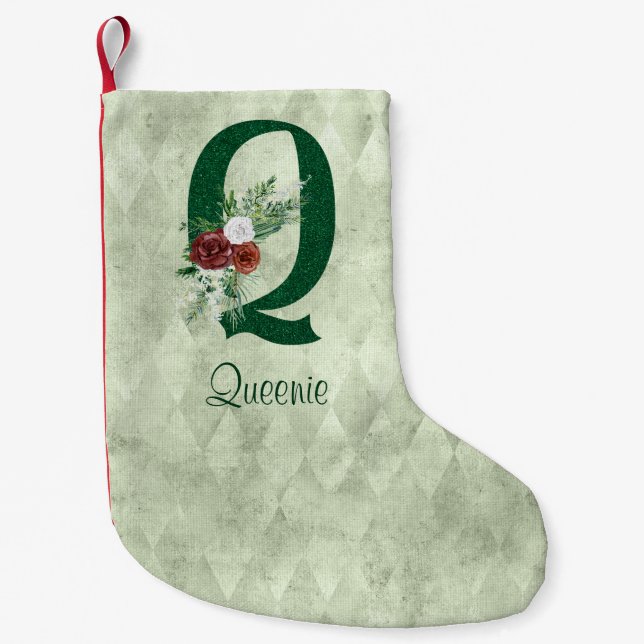 Winter Floral Illustrated Letter Q  Personalized  Small Christmas Stocking (Front)