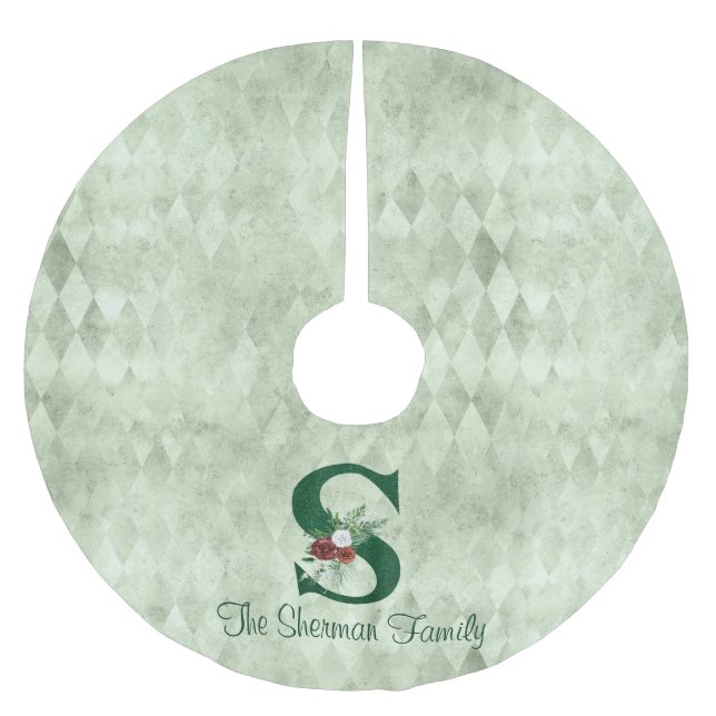 Winter Floral Illustrated Letter S  Personalized  Brushed Polyester Tree Skirt (Front)