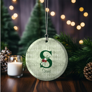 Winter Floral Illustrated Letter S  Personalized   Ceramic Ornament