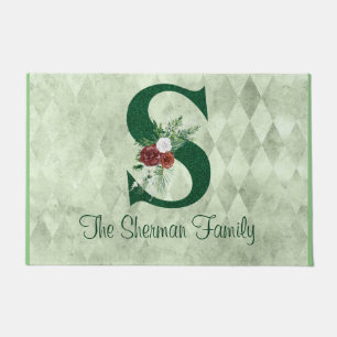 Winter Floral Illustrated Letter S  Personalized  Doormat