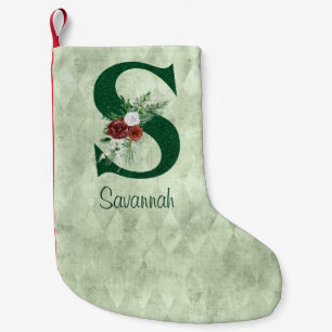 Winter Floral Illustrated Letter S Personalized Small Christmas Stocking