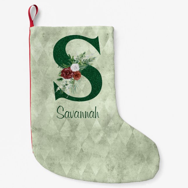 Winter Floral Illustrated Letter S  Personalized  Small Christmas Stocking (Front)