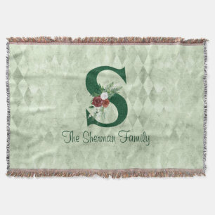 Winter Floral Illustrated Letter S  Personalized  Throw Blanket