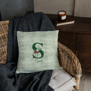 Winter Floral Illustrated Letter S  Personalized  Throw Pillow