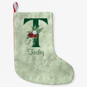 Winter Floral Illustrated Letter T Personalized Small Christmas Stocking