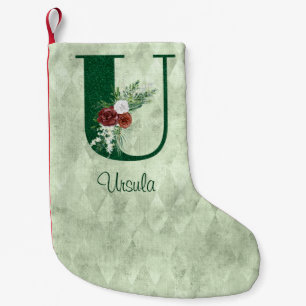 Winter Floral Illustrated Letter U Personalized Small Christmas Stocking
