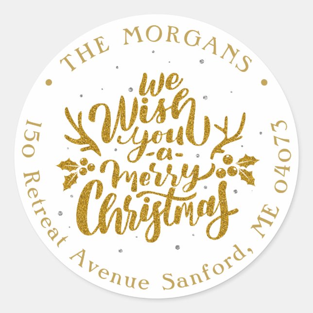 Winter Floral Merry Christmas Holiday Address Classic Round Sticker (Front)