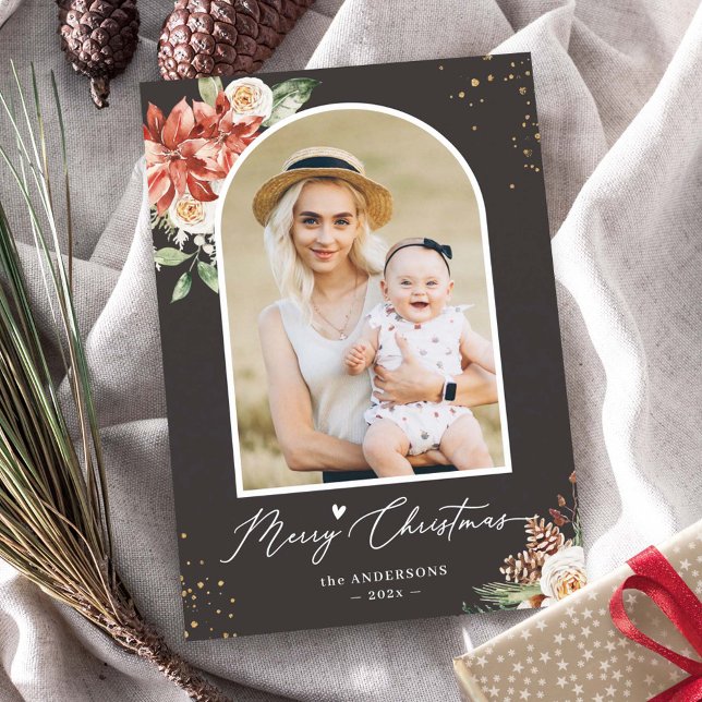 Winter Floral Merry Christmas Script Arch Photo Holiday Card (Creator Uploaded)