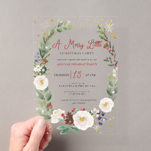 Winter Floral Merry Little Christmas Party Acrylic Invitations