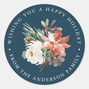 Winter Floral   Navy Holiday Classic Round Sticker