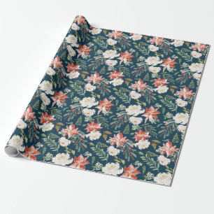 Winter Floral Navy Holiday Wrapping Paper