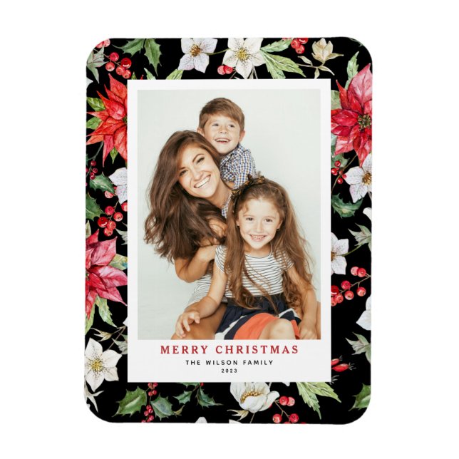 Winter Floral Pattern Black Christmas Photo Magnet (Vertical)