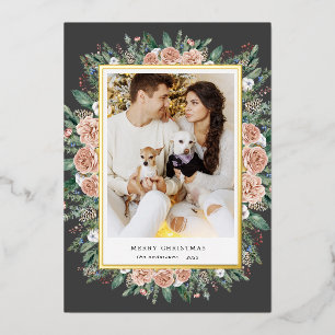 winter floral photo holiday foil invitation
