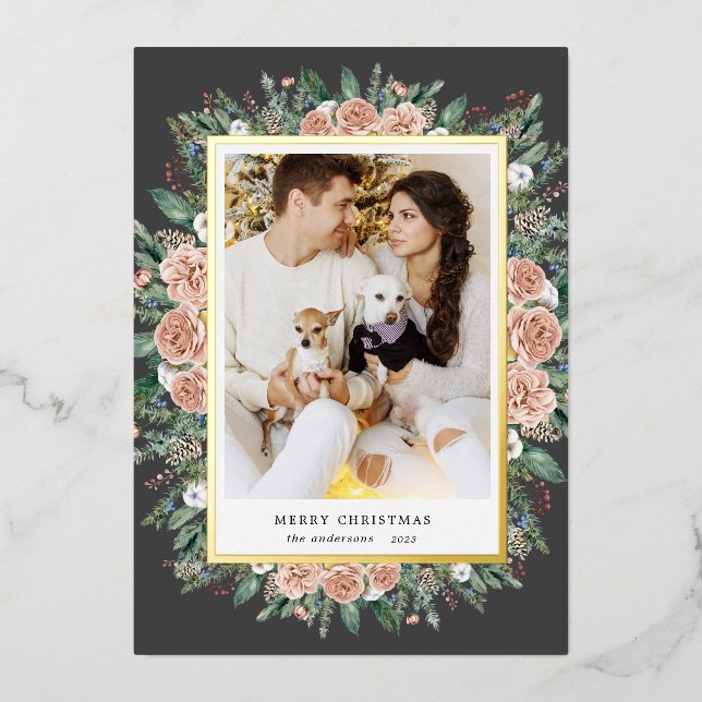 winter floral photo holiday foil invitation (Front)