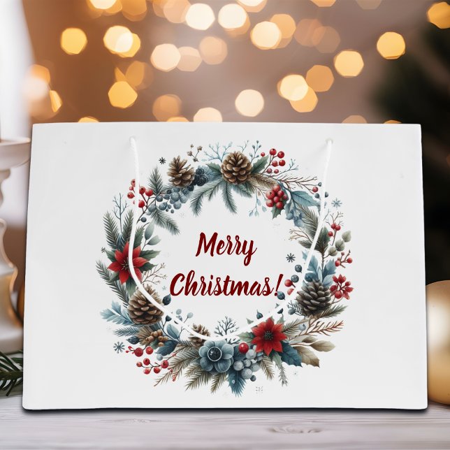 Winter Floral Pine Cones Wreath Large Gift Bag (Creator Uploaded)
