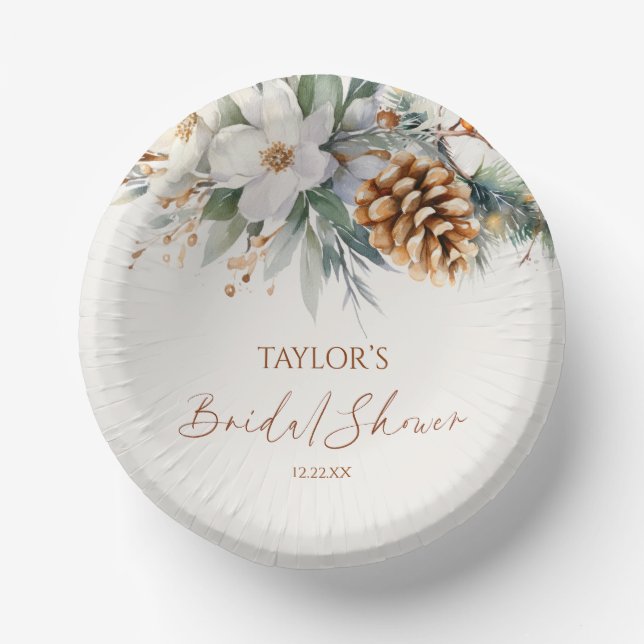 Winter Floral Pine Tree Bridal Shower Paper Plate (Front)