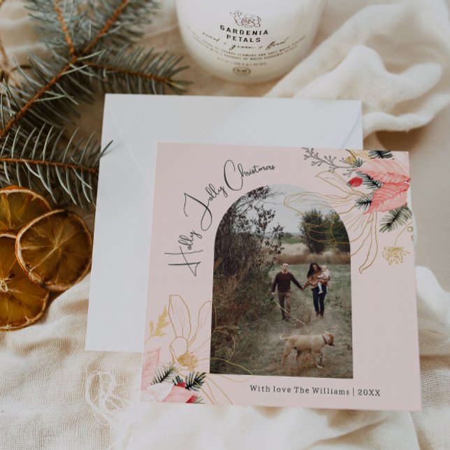 Winter Floral Pink Holly Jolly Christmas One Photo Holiday Card (Creator Uploaded)