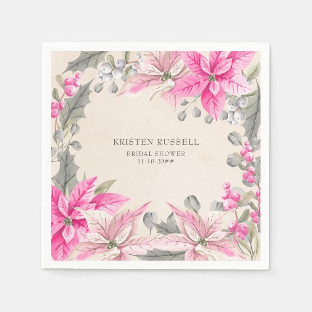Winter Floral Pink Poinsettia Editable Occasion Napkin (Front)