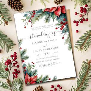 Winter Floral Poinsettia Christmas Green Wedding Invitation