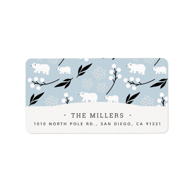 Winter Floral & Polar Bear Pattern Blue Address Label (Front)