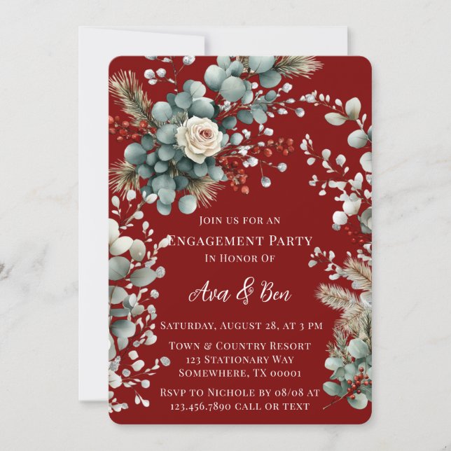Winter Floral Red White Rose Engagement Party Invitation (Front)