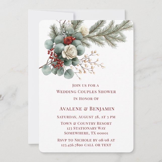 Winter Floral Red White Rose Wedding Couple Shower Invitation (Front)