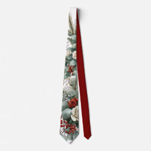 Winter Floral Red White Rose Wedding Groom Tie