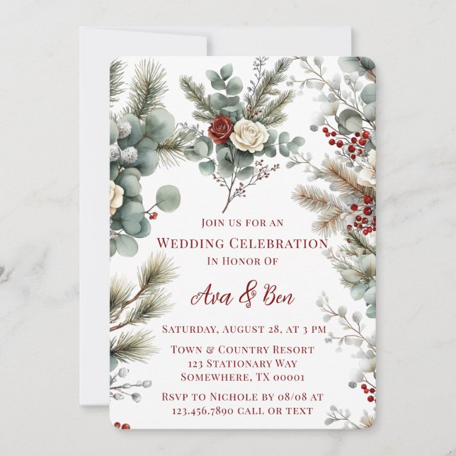 Winter Floral Red White Rose Wedding Invitation (Front)