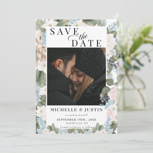 Winter Floral | Rustic Photo Wedding Save The Date (Standing Front)