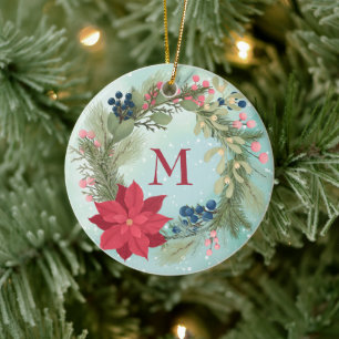 Winter floral rustic wreath poinsettia monogram ceramic ornament