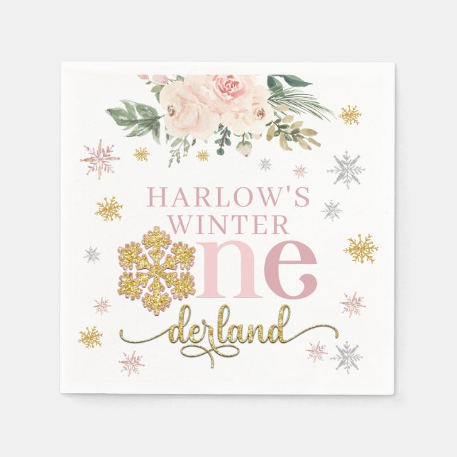 Winter Floral Snowflake ONEderland 1st Birthday Napkin (Front)