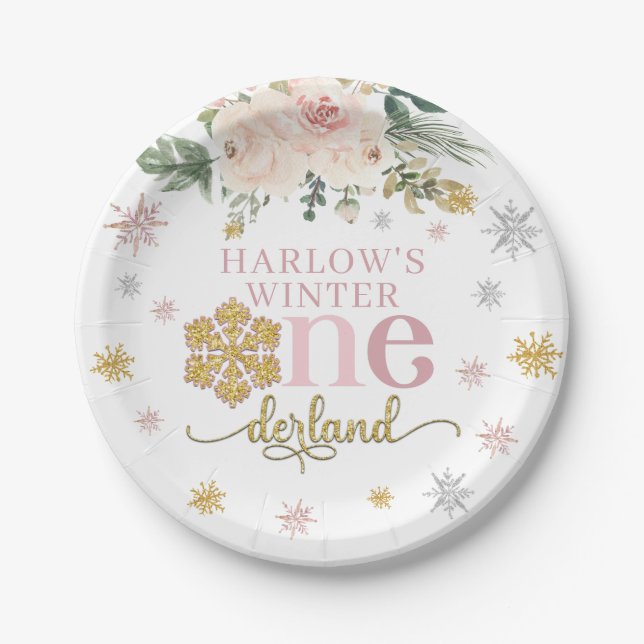 Winter Floral Snowflake ONEderland 1st Birthday  Paper Plate (Front)