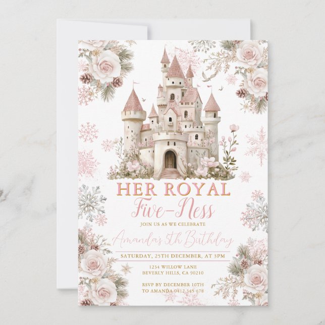 Winter Floral Snowflake  royal fiveness Birthday Invitation (Front)