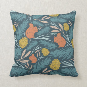 Winter Floral Squirrel Pinecone Christmas Decor Throw Pillow