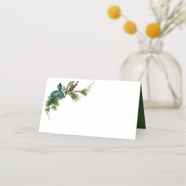 Winter Floral Watercolor Evergreen Wedding Place Card (Front)