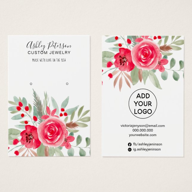 Winter floral watercolor jewellery earring display (Front & Back)